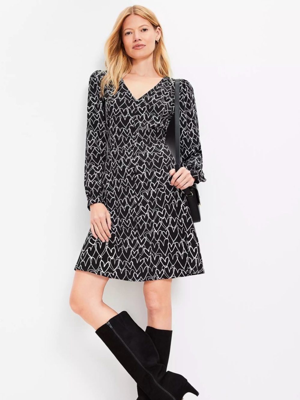 LOFT Black Heart Mini Flare V-Neck Dress